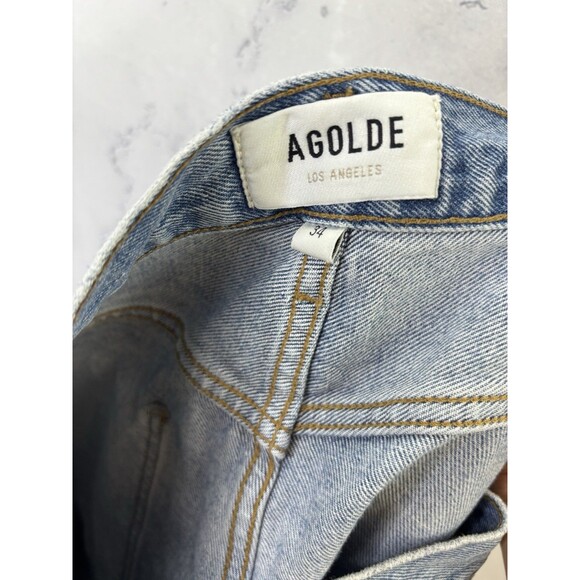 Agolde 90s Denim Shorts Marquee Blue Womens Size 34 Raw Hem long Retro High rise - Picture 3 of 16